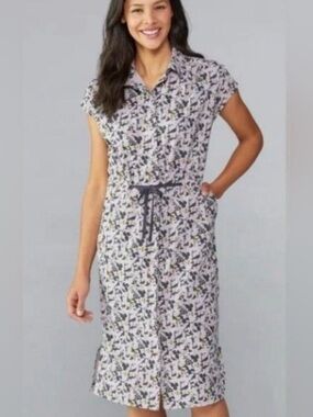 REI Cooperative Floral Print Midi Shirt Dress Drawstring Waist Cap Sleeve XS